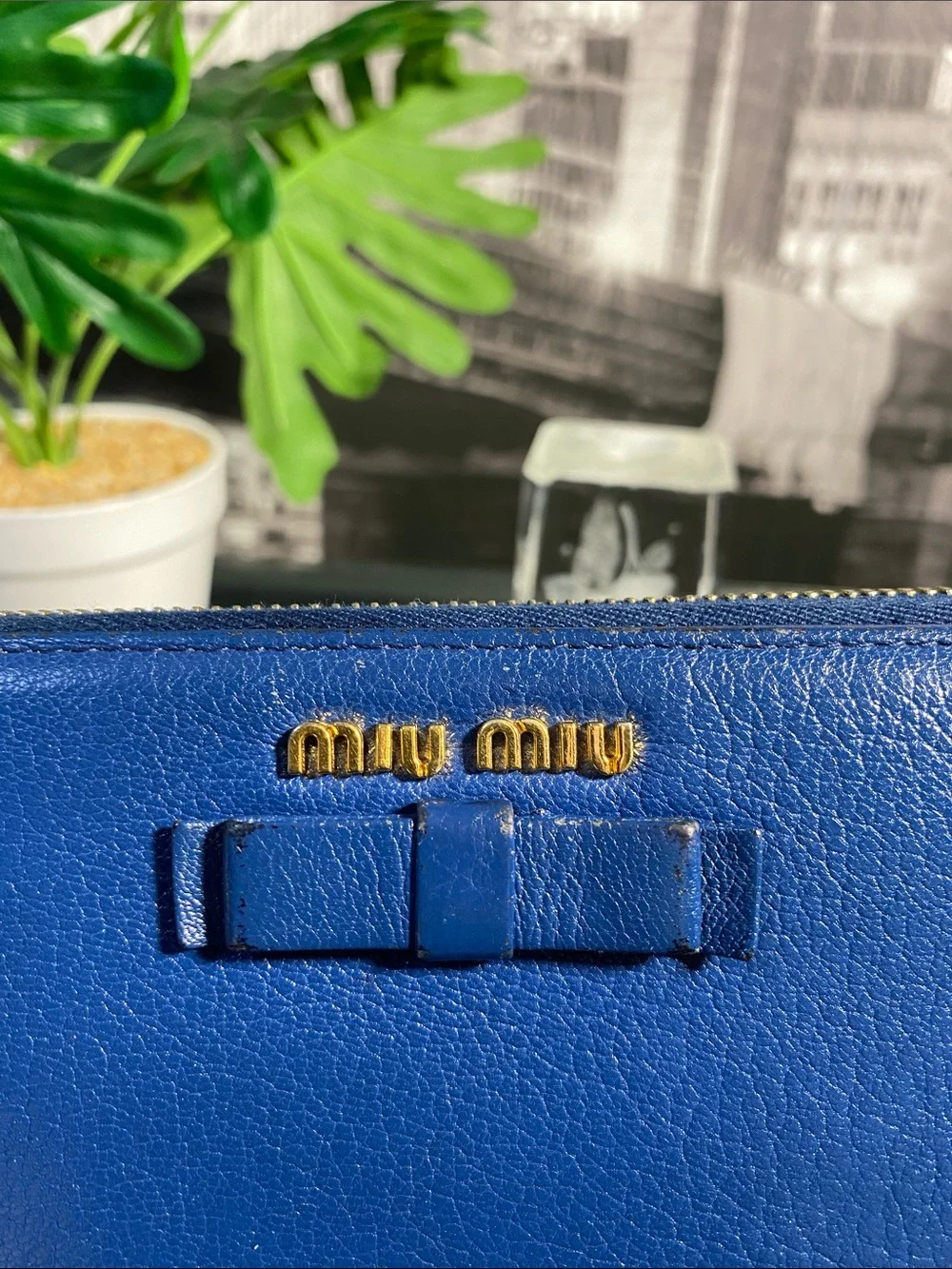 Authentic Miu Miu Royal Blue Leather Bow Long Wallet
